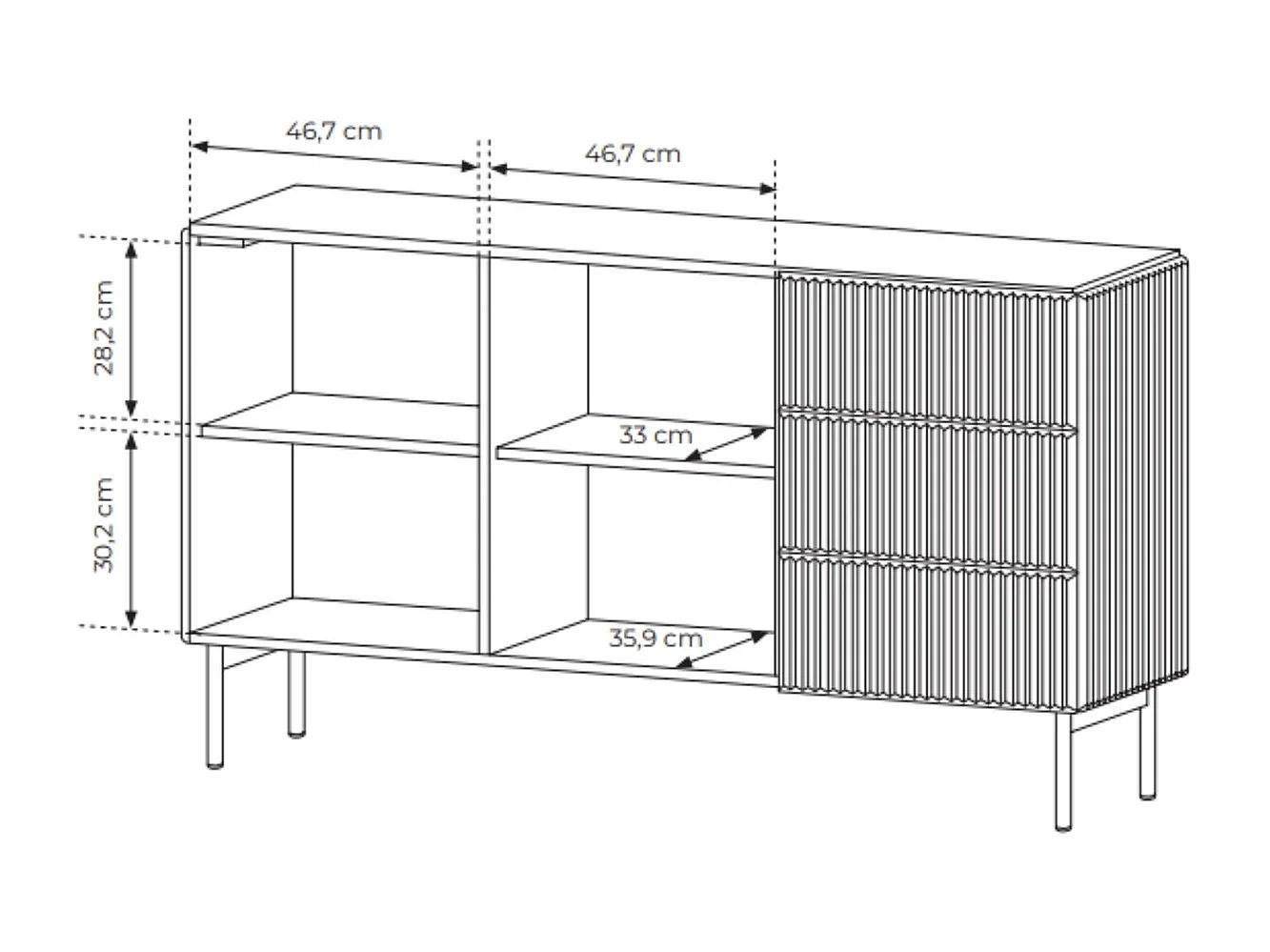Dressoir MUTI 147 cm - Kasjmier Kleur, 2 Deuren (links) en 3 Lades (rechts) met Geribbelde Fronten