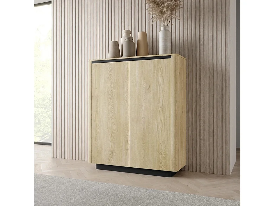 Highboard TORRO 113 cm - Cremona Eiken en Zwart, 2 Deuren, Afgerond Design en Push-to-Open