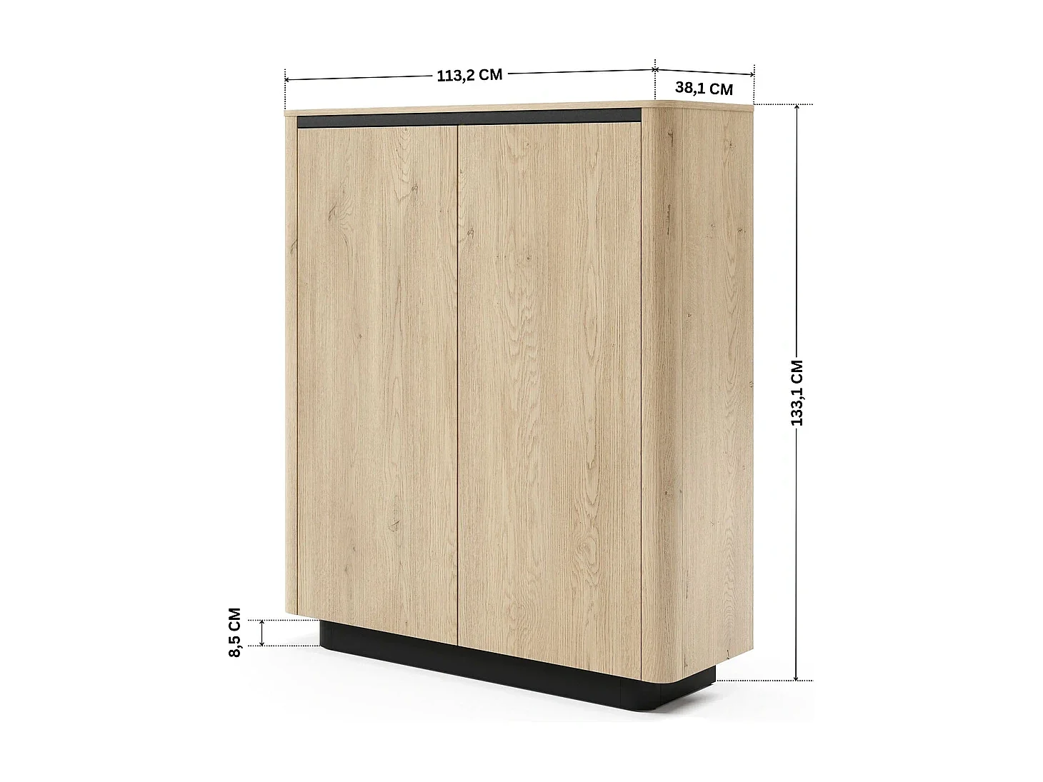 Highboard TORRO 113 cm - Cremona Eiken en Zwart, 2 Deuren, Afgerond Design en Push-to-Open