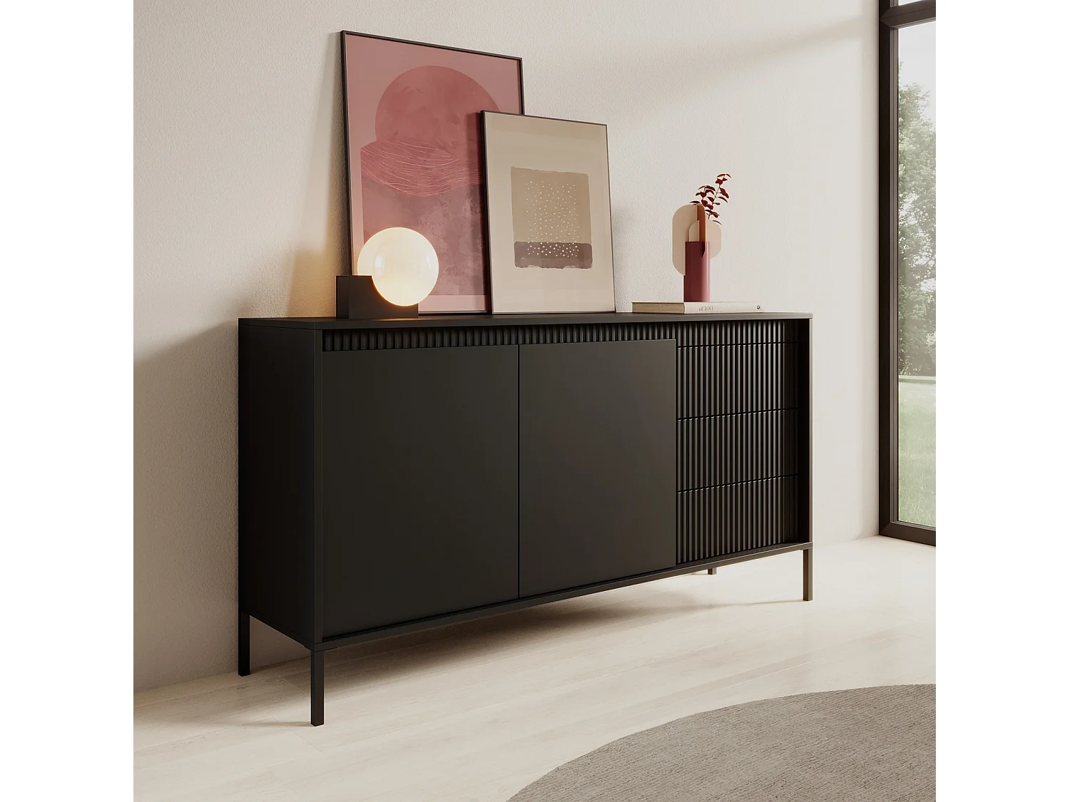 Dressoir Commode Ferrato B 153 cm met 2 Deuren en 3 Geroffelde Laden rechts - Zwart Mat