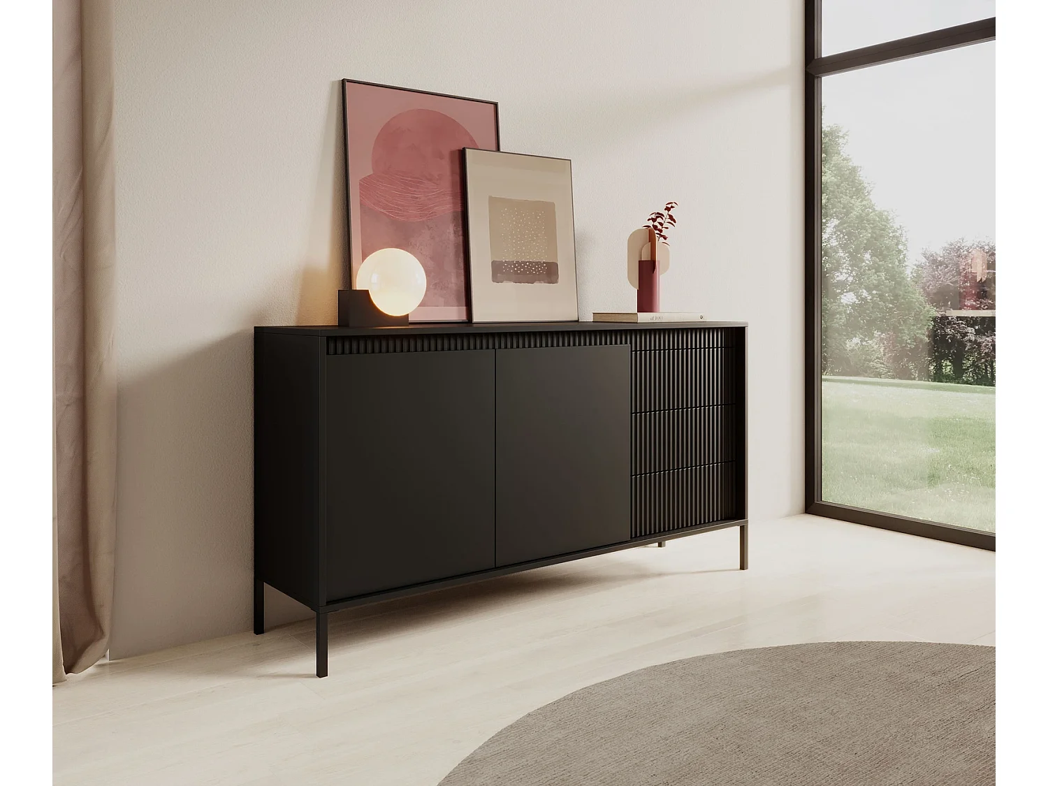 Dressoir Commode Ferrato B 153 cm met 2 Deuren en 3 Geroffelde Laden rechts - Zwart Mat