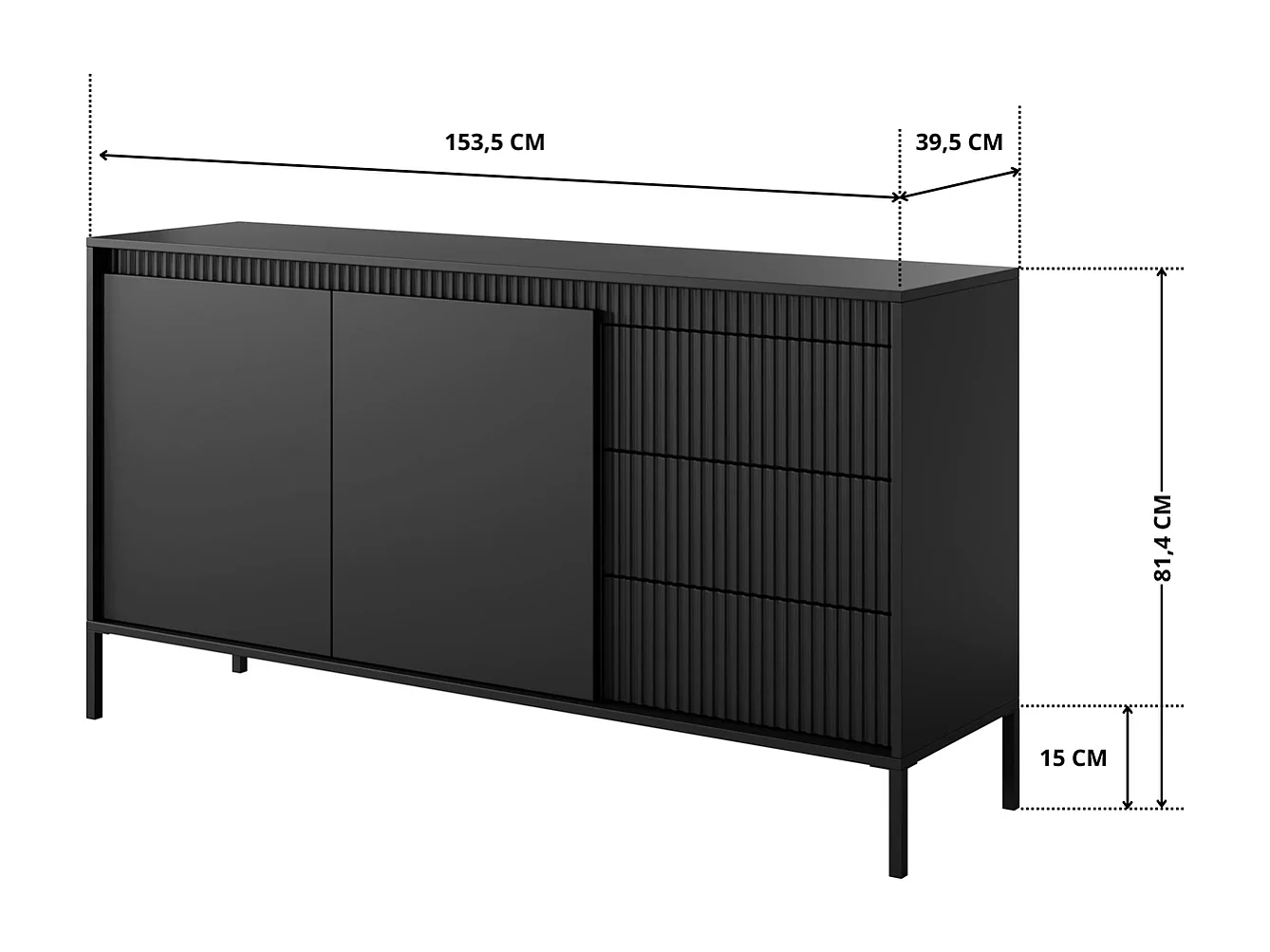 Dressoir Commode Ferrato B 153 cm met 2 Deuren en 3 Geroffelde Laden rechts - Zwart Mat