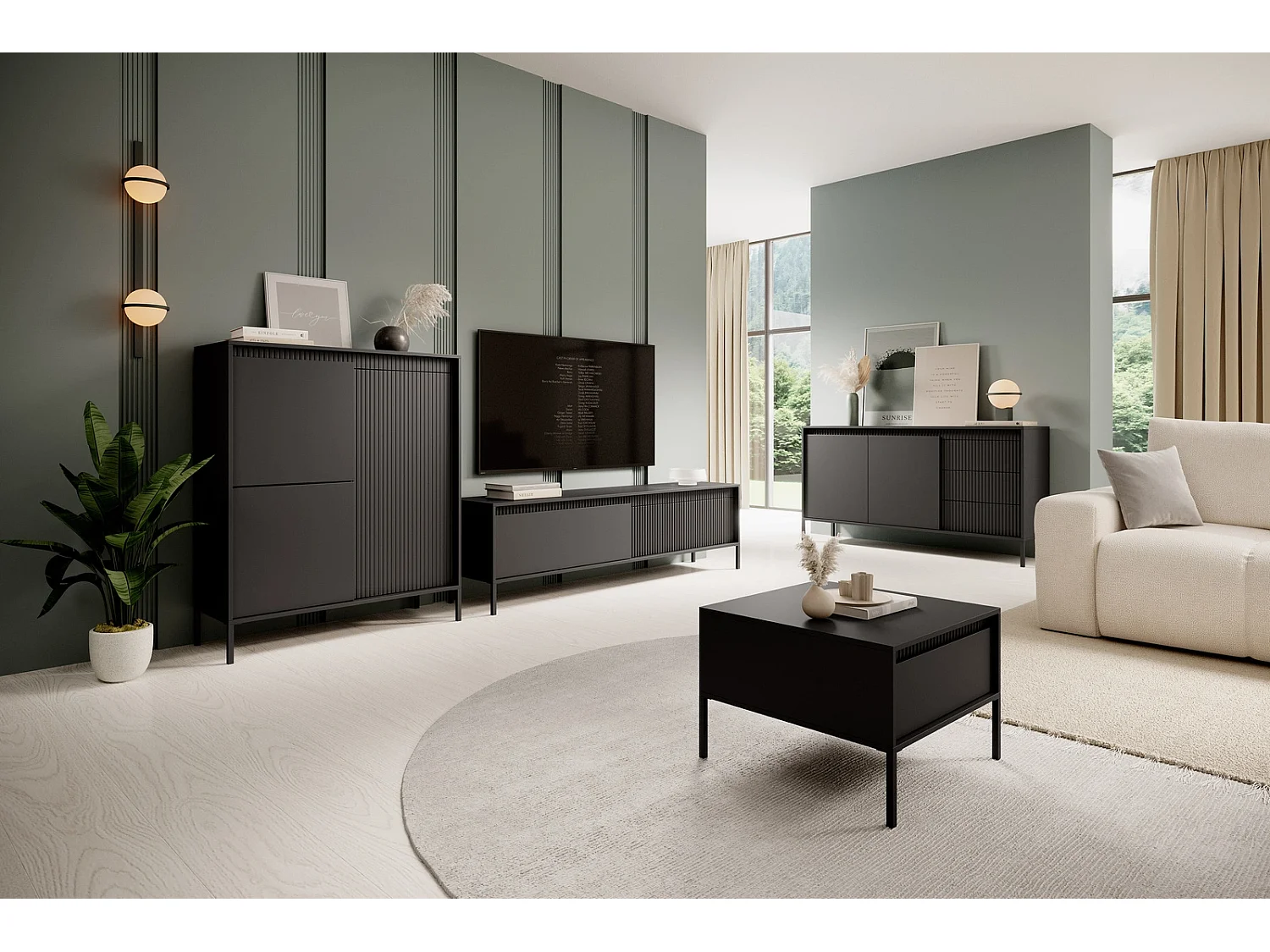 Dressoir Commode Ferrato B 153 cm met 2 Deuren en 3 Geroffelde Laden rechts - Zwart Mat