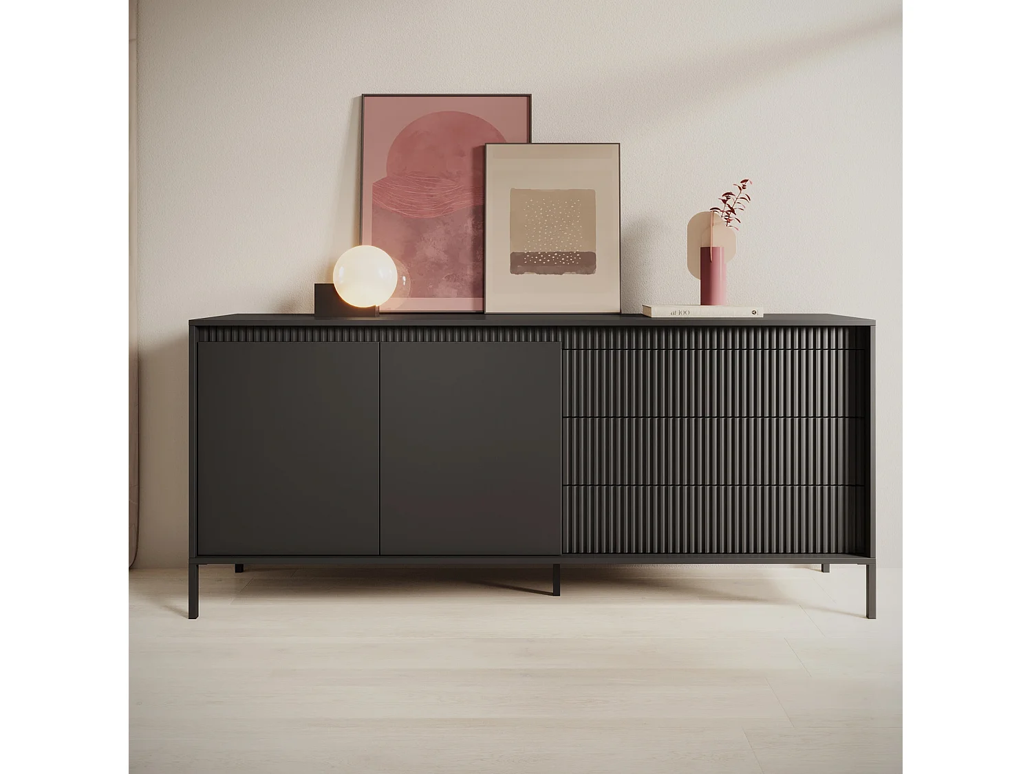 Dressoir XXL Ferrato C 187 cm met 2 Deuren en 3 Geroffelde Laden rechts - Zwart Mat