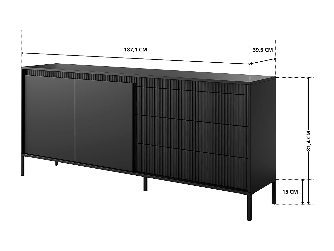 Dressoir XXL Ferrato C 187 cm met 2 Deuren en 3 Geroffelde Laden rechts - Zwart Mat