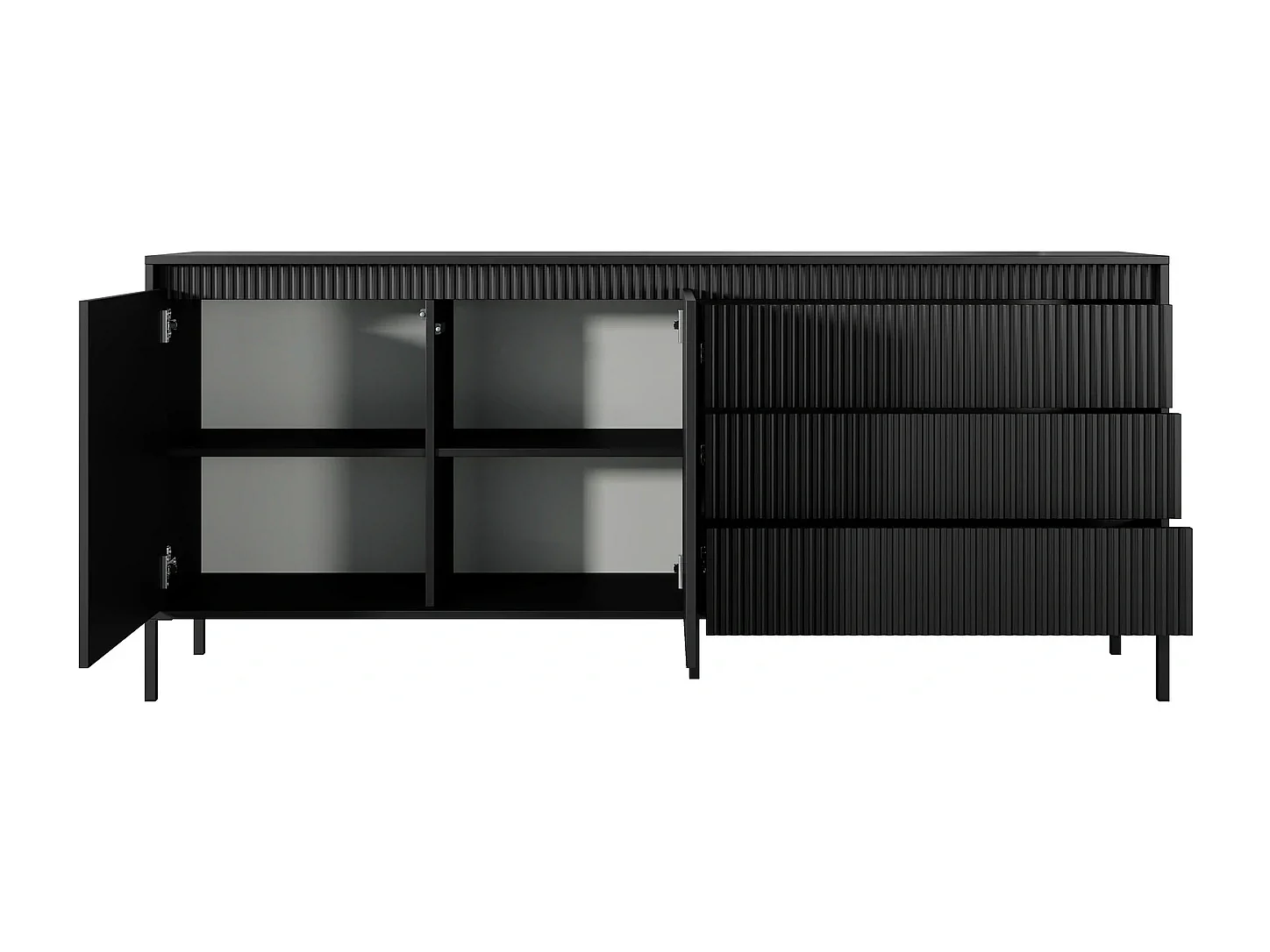 Dressoir XXL Ferrato C 187 cm met 2 Deuren en 3 Geroffelde Laden rechts - Zwart Mat