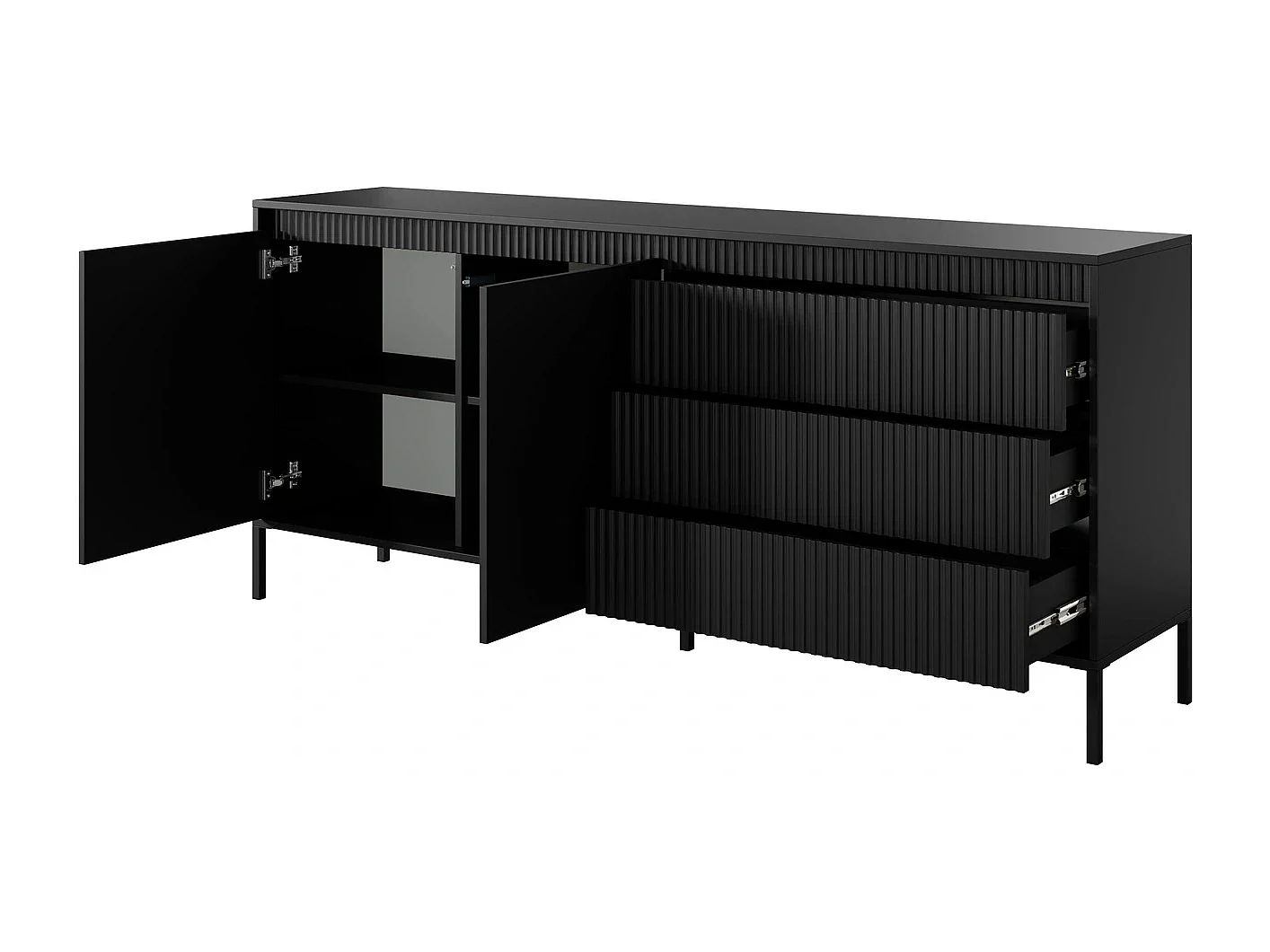 Dressoir XXL Ferrato C 187 cm met 2 Deuren en 3 Geroffelde Laden rechts - Zwart Mat