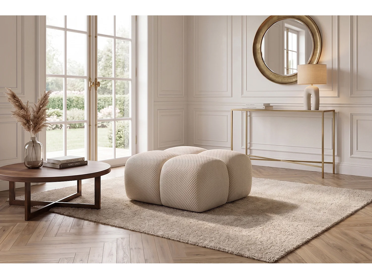 Hocker, poef, gestructureerde premiumstof Sonic, Beige, Averro