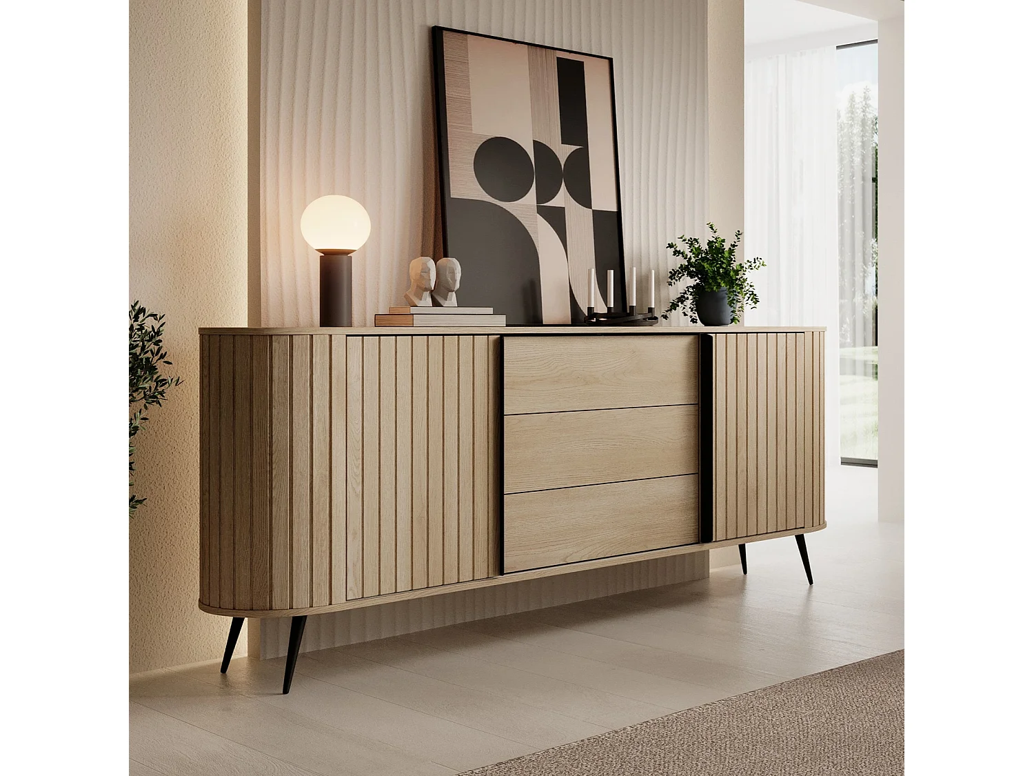 Dressoir LOVI 196 cm - Cremona Eiken, Geribbelde Fronten en Schuifdeuren
