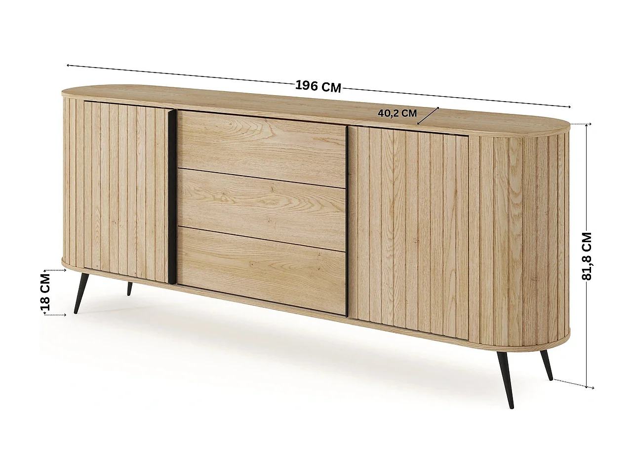 Dressoir LOVI 196 cm - Cremona Eiken, Geribbelde Fronten en Schuifdeuren