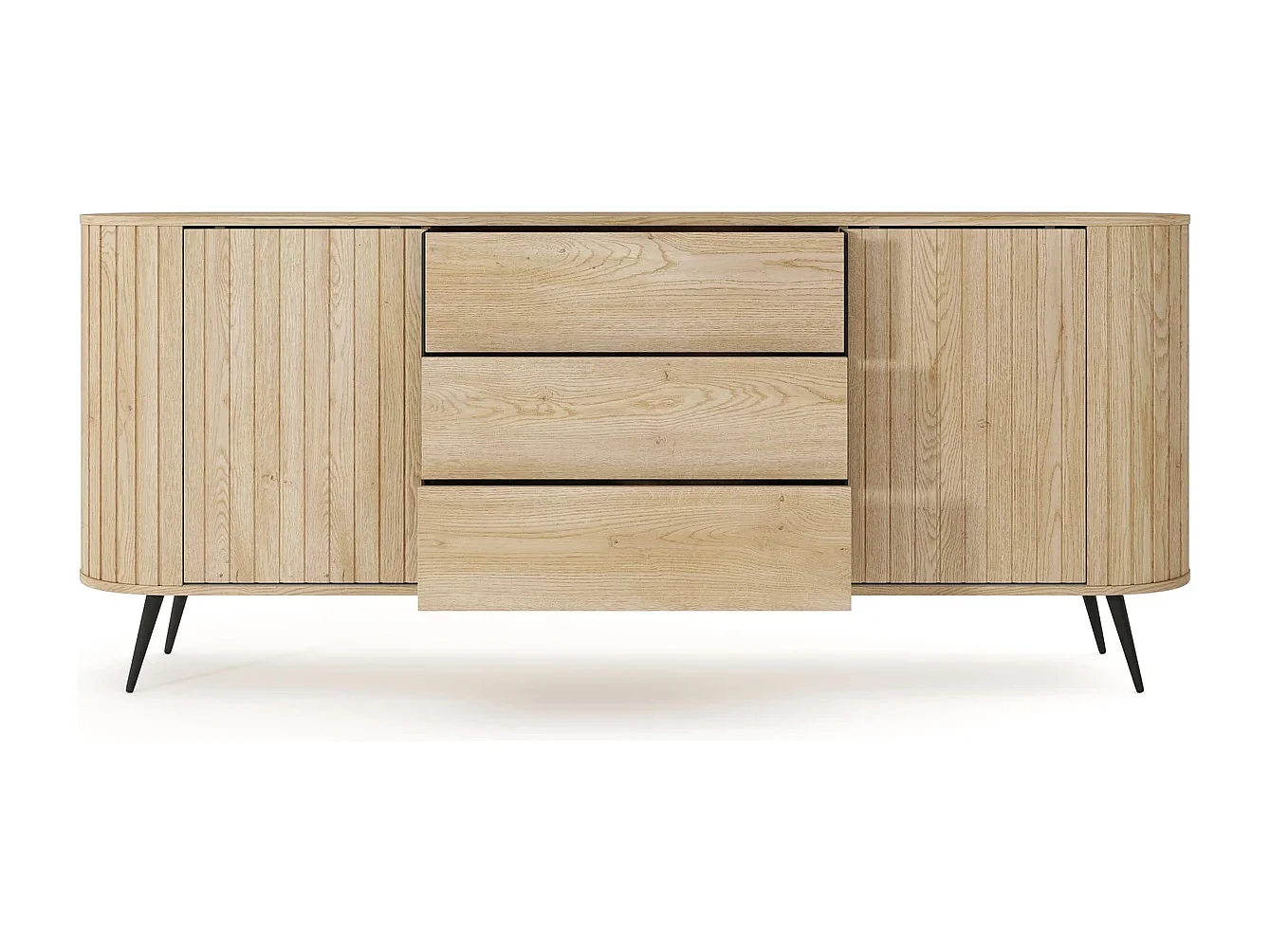 Dressoir LOVI 196 cm - Cremona Eiken, Geribbelde Fronten en Schuifdeuren