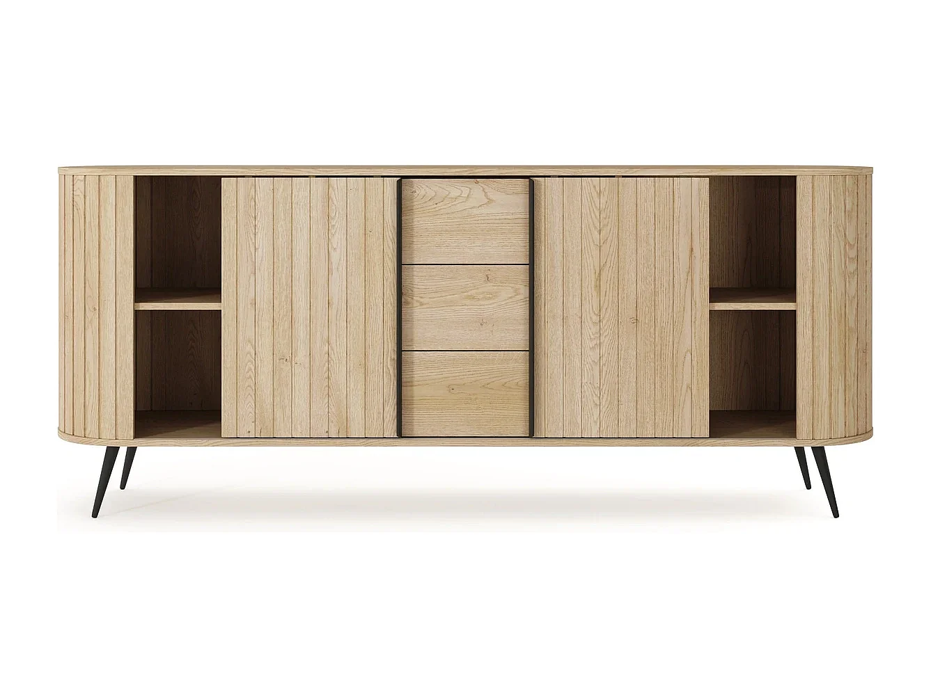 Dressoir LOVI 196 cm - Cremona Eiken, Geribbelde Fronten en Schuifdeuren
