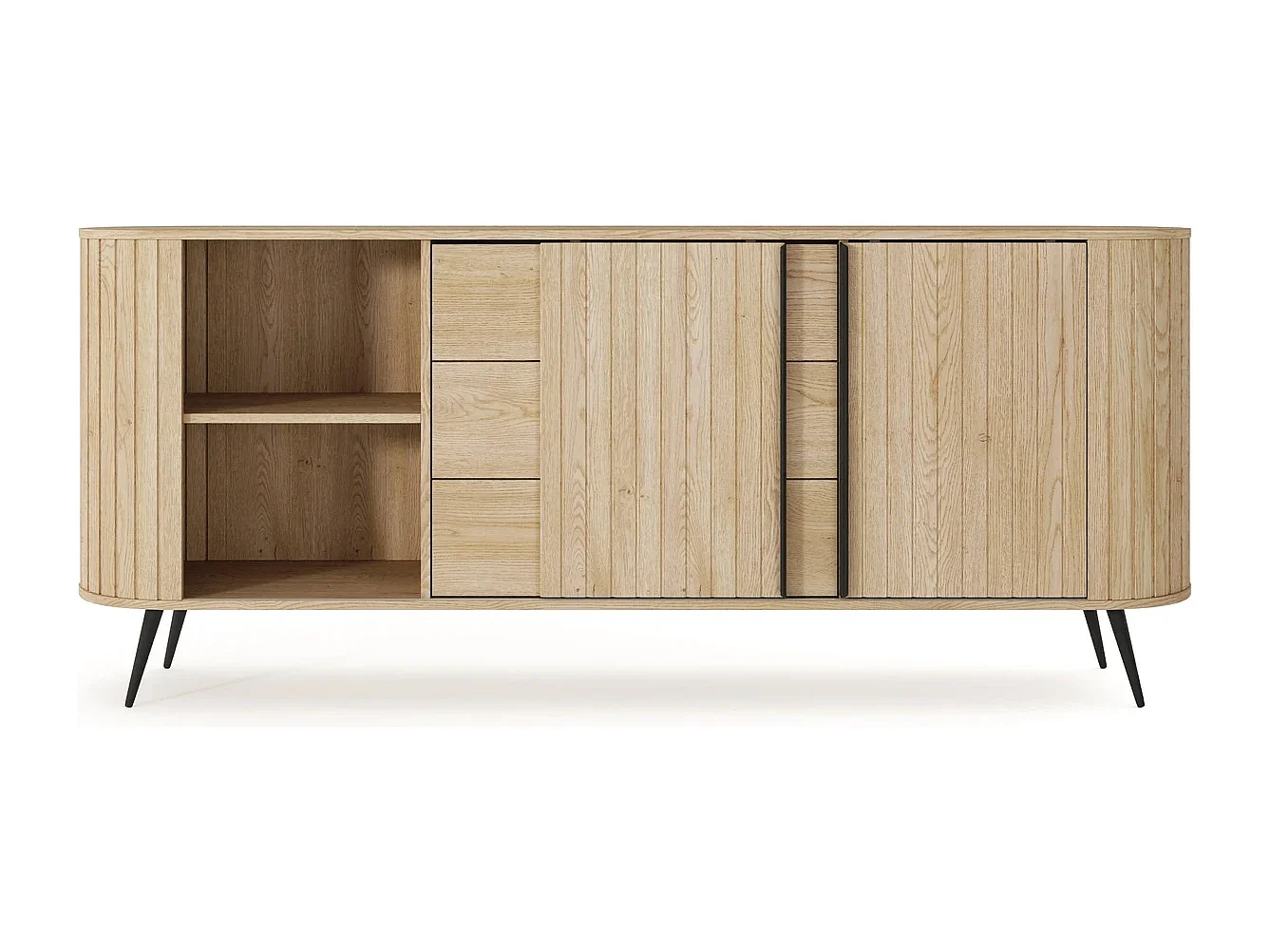 Dressoir LOVI 196 cm - Cremona Eiken, Geribbelde Fronten en Schuifdeuren