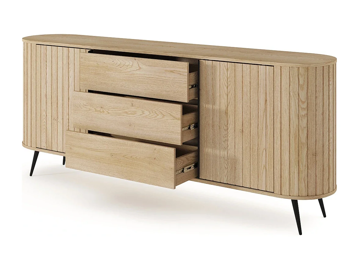 Dressoir LOVI 196 cm - Cremona Eiken, Geribbelde Fronten en Schuifdeuren