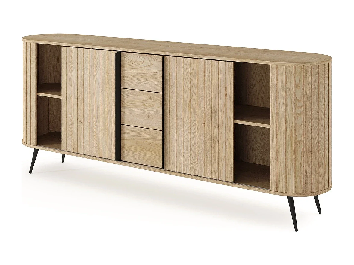 Dressoir LOVI 196 cm - Cremona Eiken, Geribbelde Fronten en Schuifdeuren
