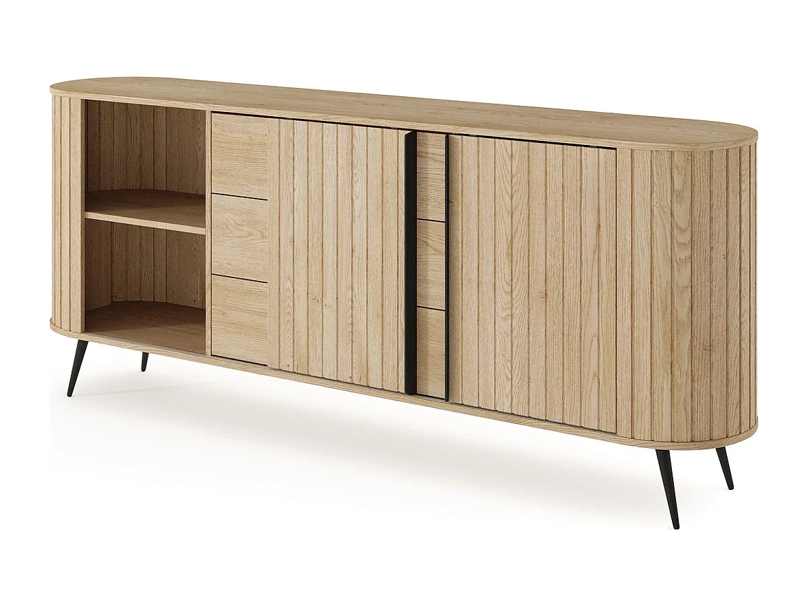 Dressoir LOVI 196 cm - Cremona Eiken, Geribbelde Fronten en Schuifdeuren