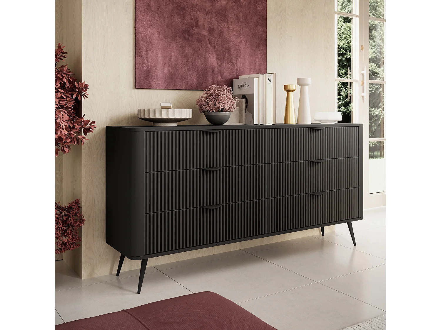 Dressoir Commode Flore 6S met Geroffelde Fronten en Metalen Poten - Zwart