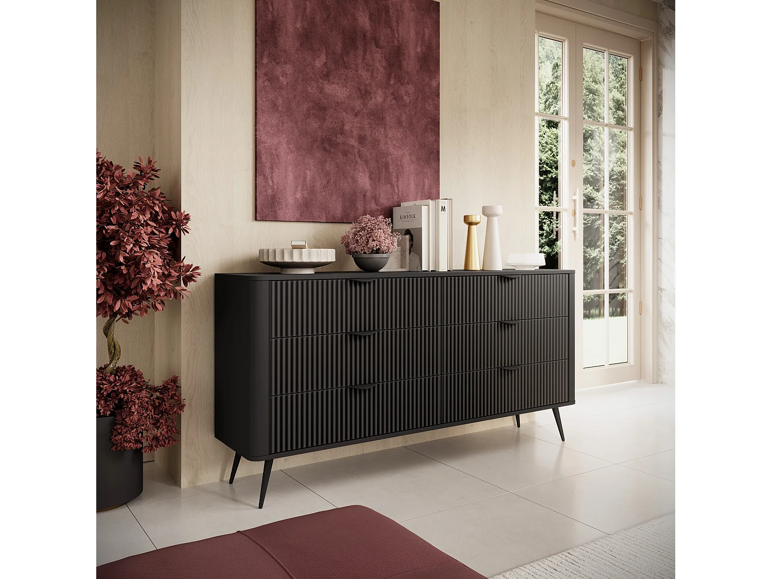 Dressoir Commode Flore 6S met Geroffelde Fronten en Metalen Poten - Zwart