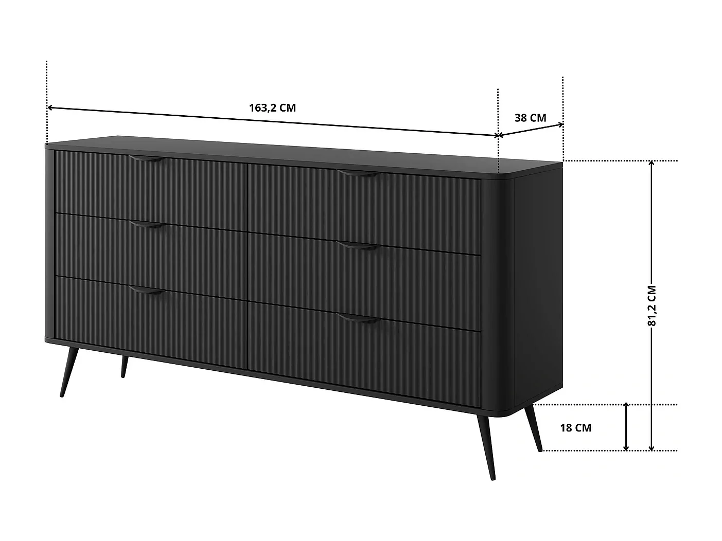 Dressoir Commode Flore 6S met Geroffelde Fronten en Metalen Poten - Zwart