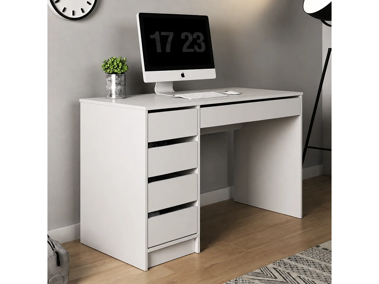 Bureau MIA 120 cm met 5 Laden, Universeel te Monteren - Wit Mat