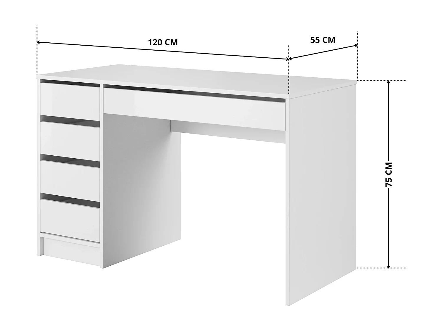 Bureau MIA 120 cm met 5 Laden, Universeel te Monteren - Wit Mat
