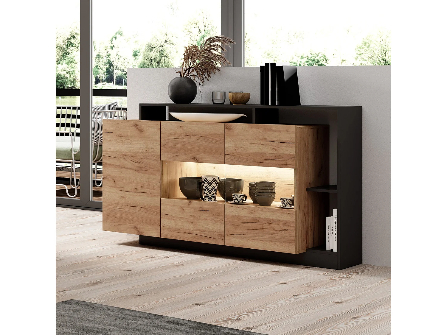 Sideboard Panzo mit LED-Beleuchtung - Eiche Craft und Anthrazit