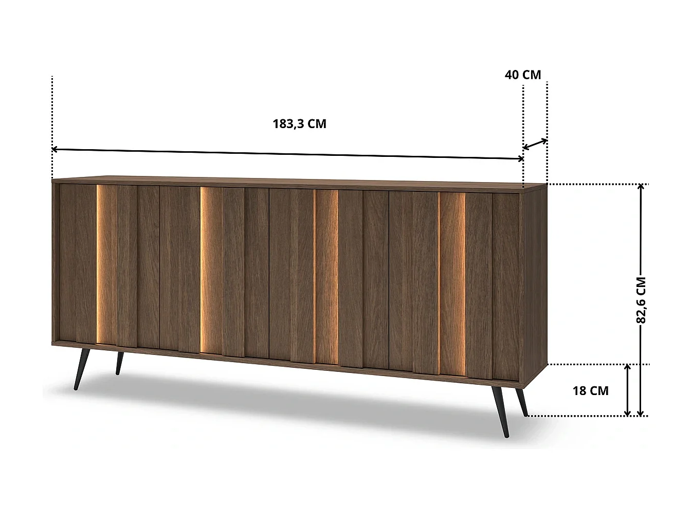 Dressoir LUPO C 183 cm met 4 Deuren, LED en Metalen Poten - Eiken Dunin