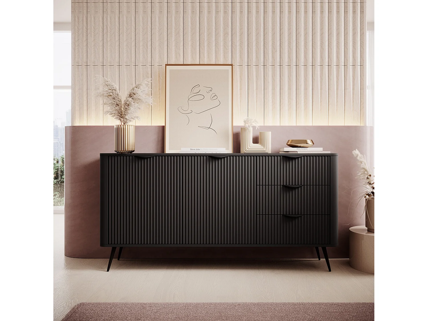 Dressoir Commode Flore 2D 3S met Geroffelde Fronten en Metalen Poten - Zwart - 163 cm