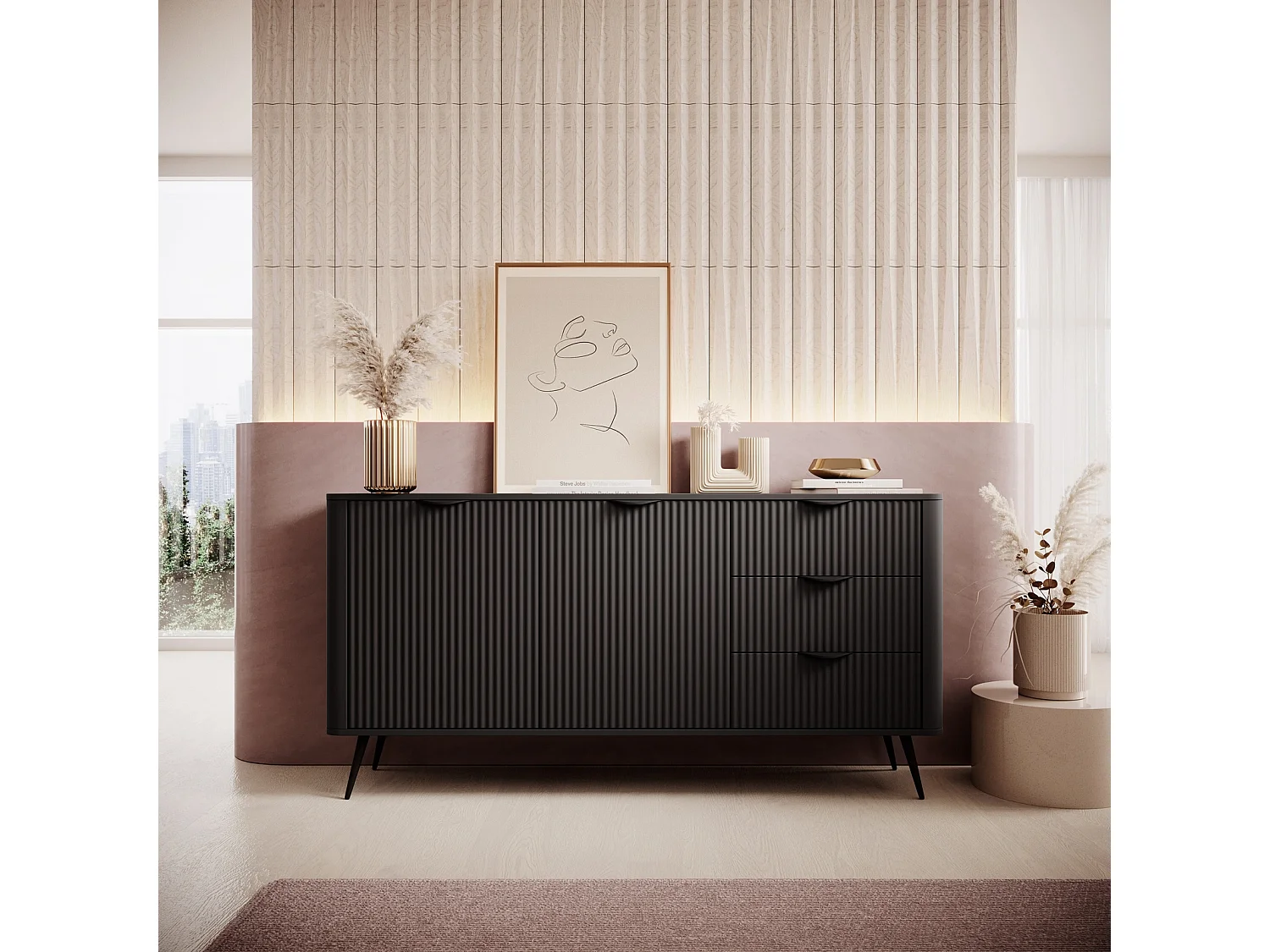 Dressoir Commode Flore 2D 3S met Geroffelde Fronten en Metalen Poten - Zwart - 163 cm