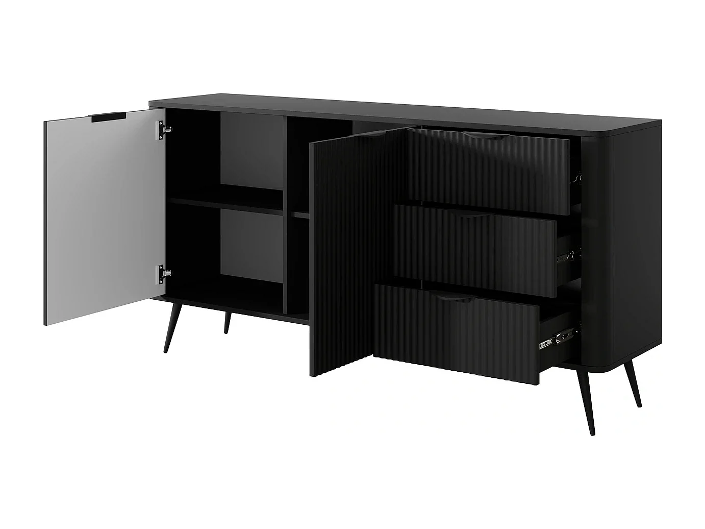 Dressoir Commode Flore 2D 3S met Geroffelde Fronten en Metalen Poten - Zwart - 163 cm