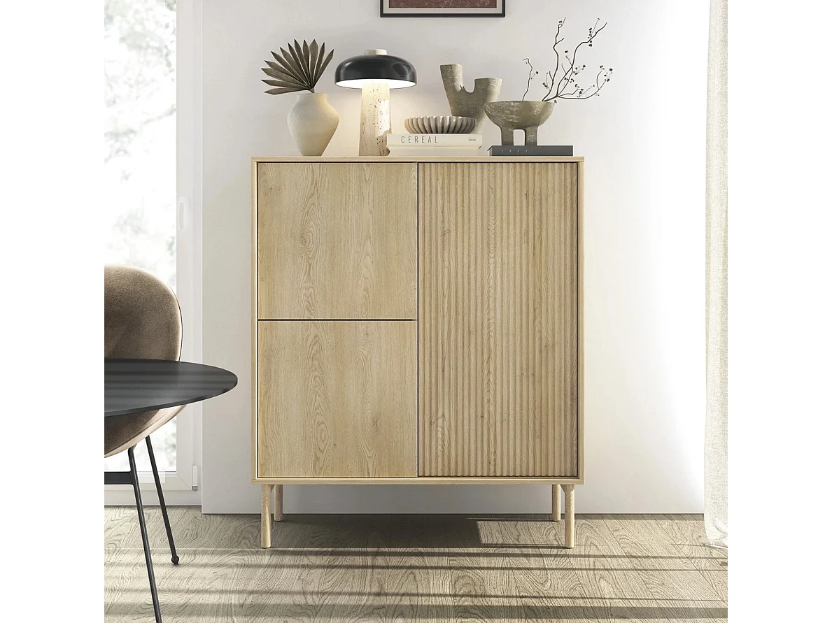Highboard TAVO 104 cm - Cremona Eiken, Geribbelde Fronten en Houten Poten