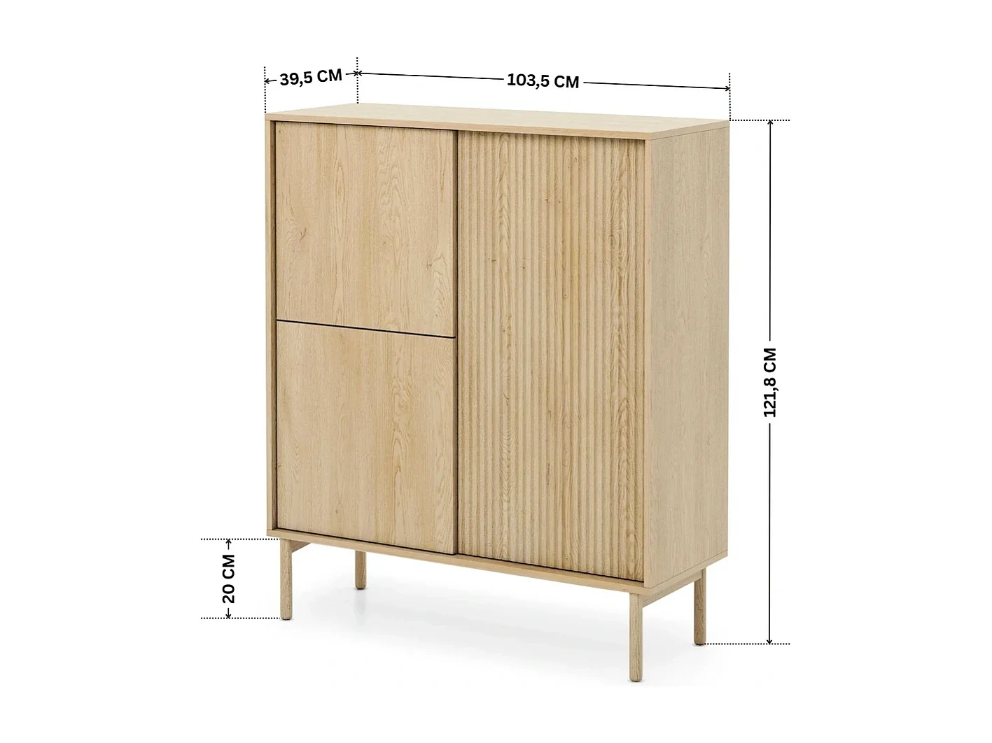 Highboard TAVO 104 cm - Cremona Eiken, Geribbelde Fronten en Houten Poten