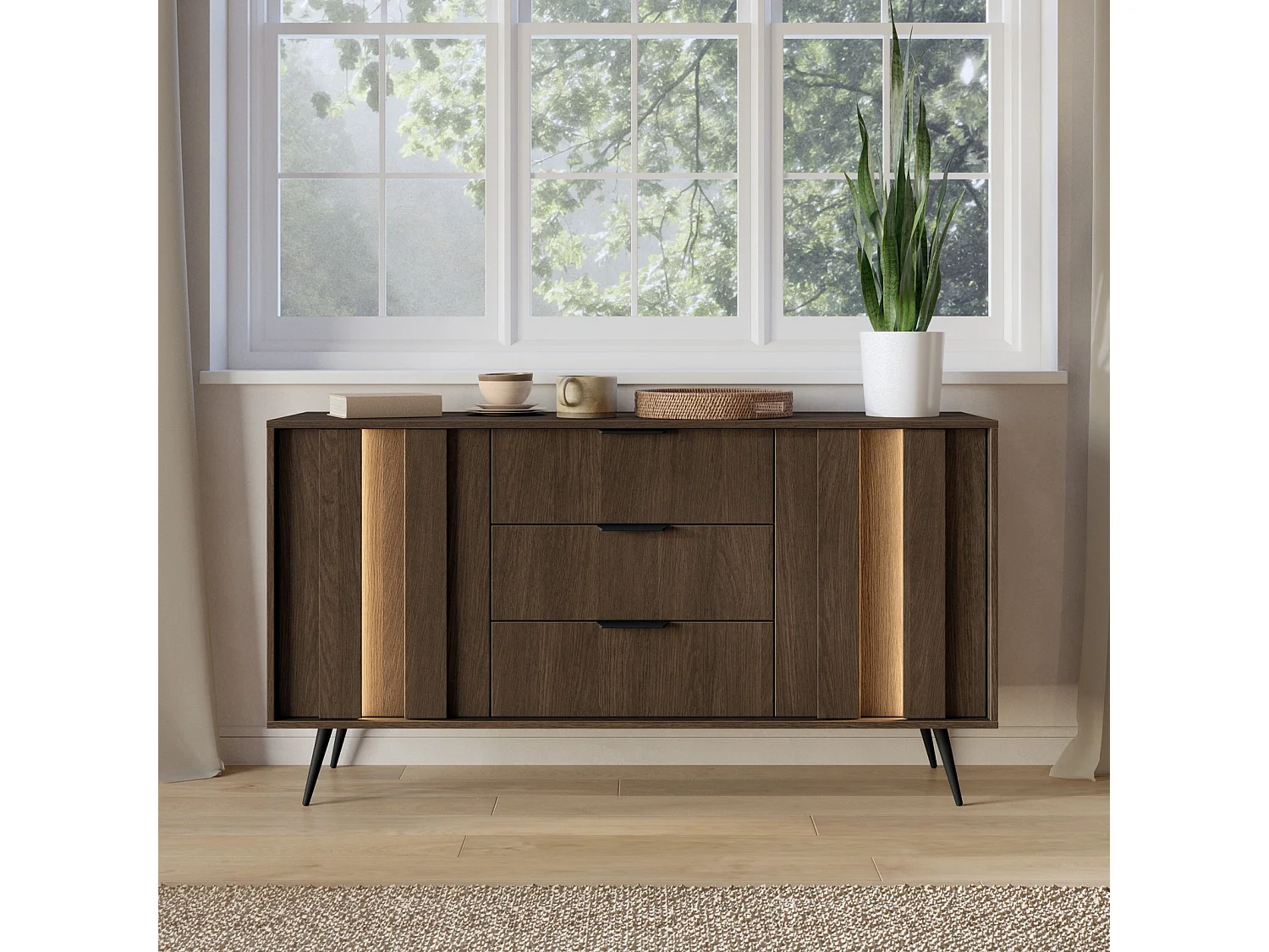 Dressoir Commode LUPO 153 cm met 2 Deuren, 3 Laden, LED en Metalen Poten - Eiken Dunin