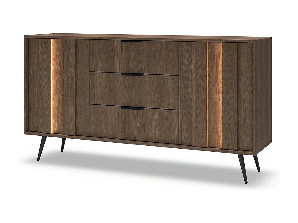 Dressoir Commode LUPO 153 cm met 2 Deuren, 3 Laden, LED en Metalen Poten - Eiken Dunin