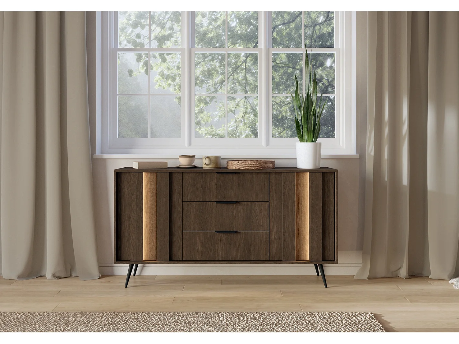 Dressoir Commode LUPO 153 cm met 2 Deuren, 3 Laden, LED en Metalen Poten - Eiken Dunin