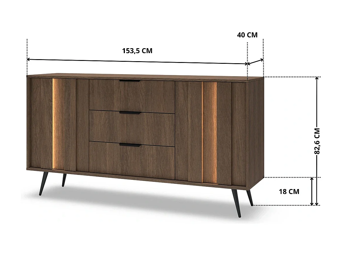 Dressoir Commode LUPO 153 cm met 2 Deuren, 3 Laden, LED en Metalen Poten - Eiken Dunin