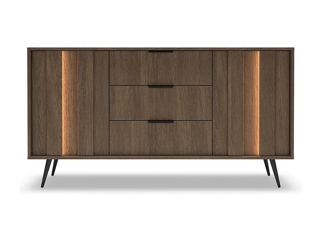 Dressoir Commode LUPO 153 cm met 2 Deuren, 3 Laden, LED en Metalen Poten - Eiken Dunin