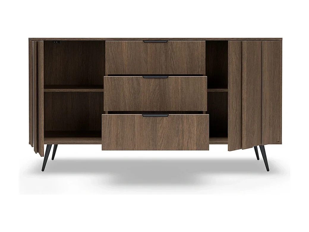 Dressoir Commode LUPO 153 cm met 2 Deuren, 3 Laden, LED en Metalen Poten - Eiken Dunin