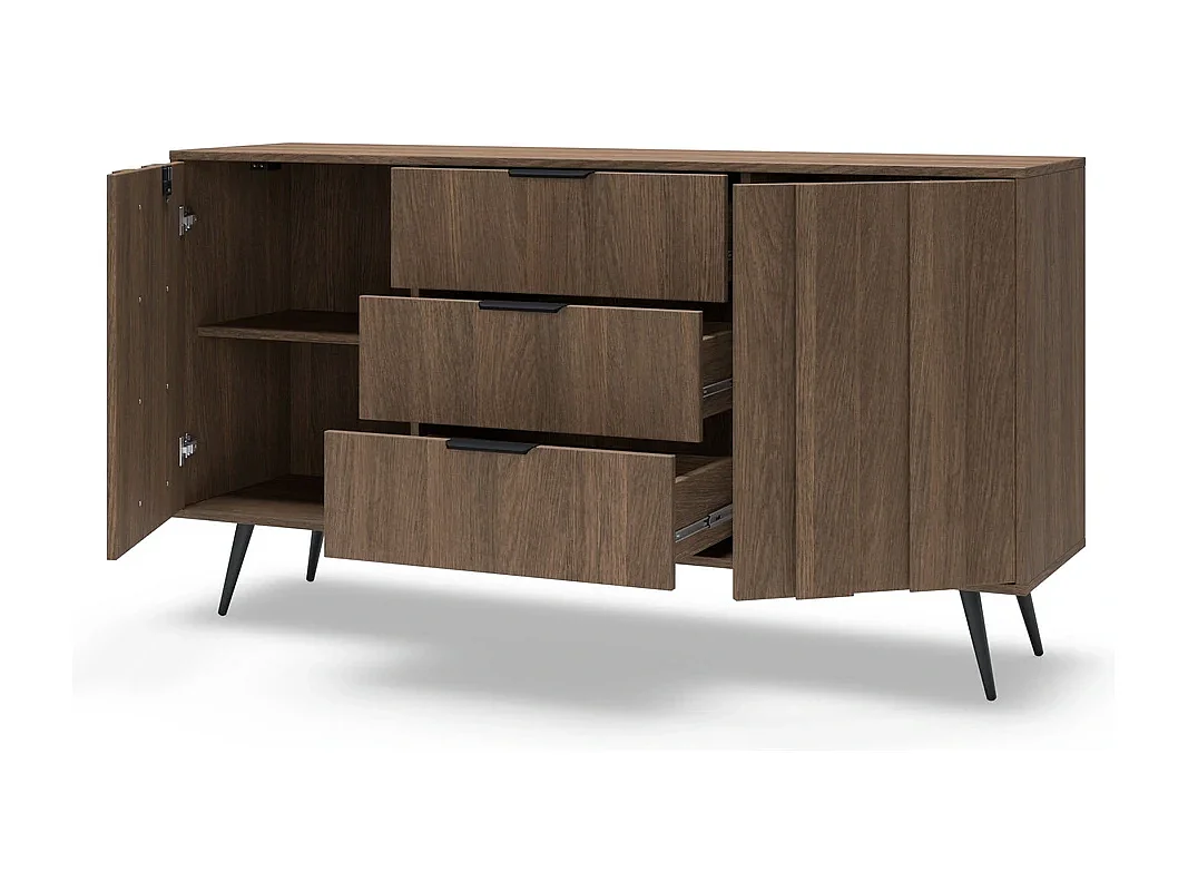Dressoir Commode LUPO 153 cm met 2 Deuren, 3 Laden, LED en Metalen Poten - Eiken Dunin