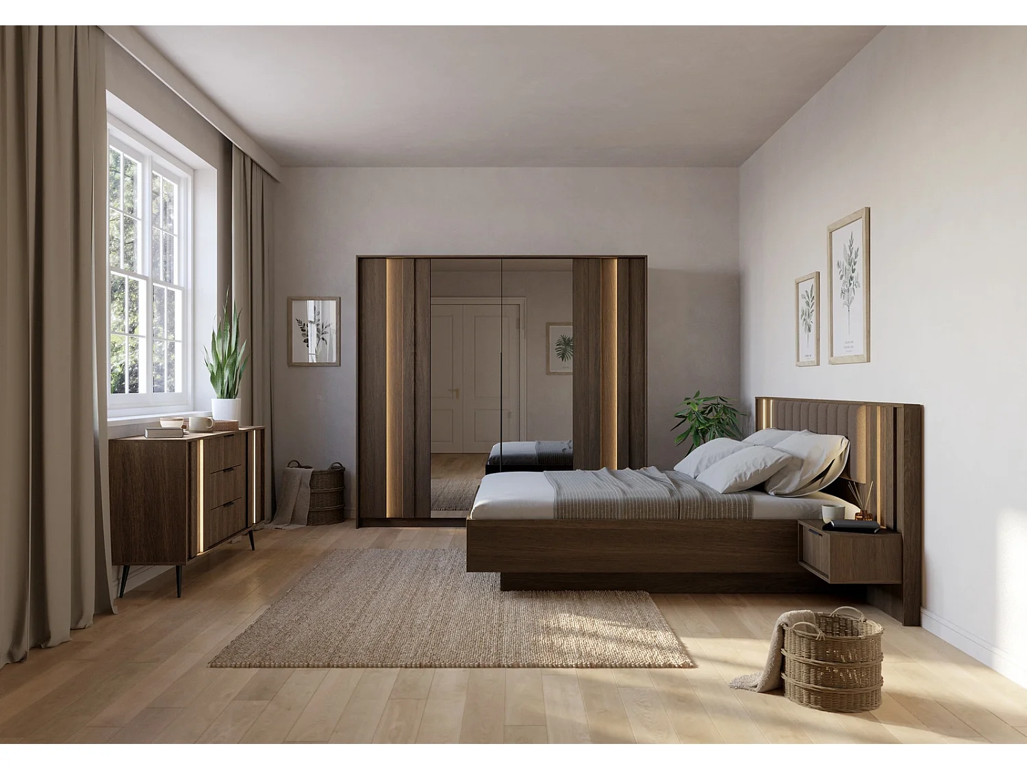 Dressoir Commode LUPO 153 cm met 2 Deuren, 3 Laden, LED en Metalen Poten - Eiken Dunin