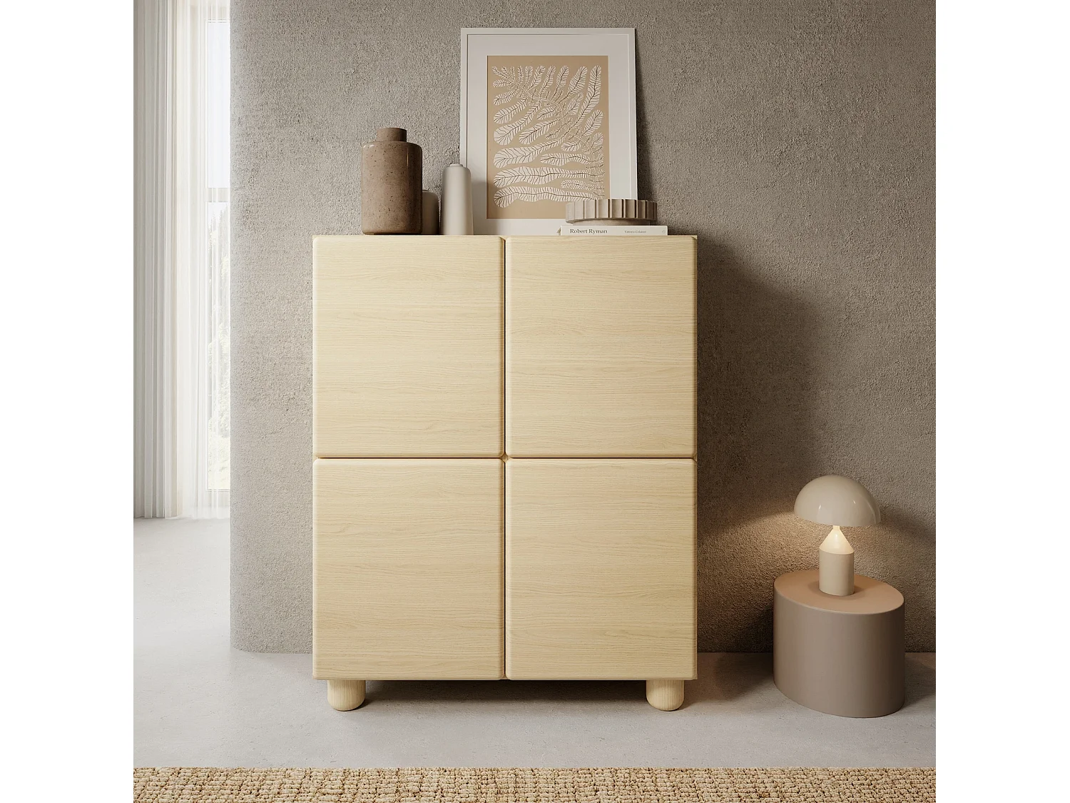 Highboard Kommode CERVI 100 cm mit 4 Türen und abgerundeten Fronten - Eiche Vicenza