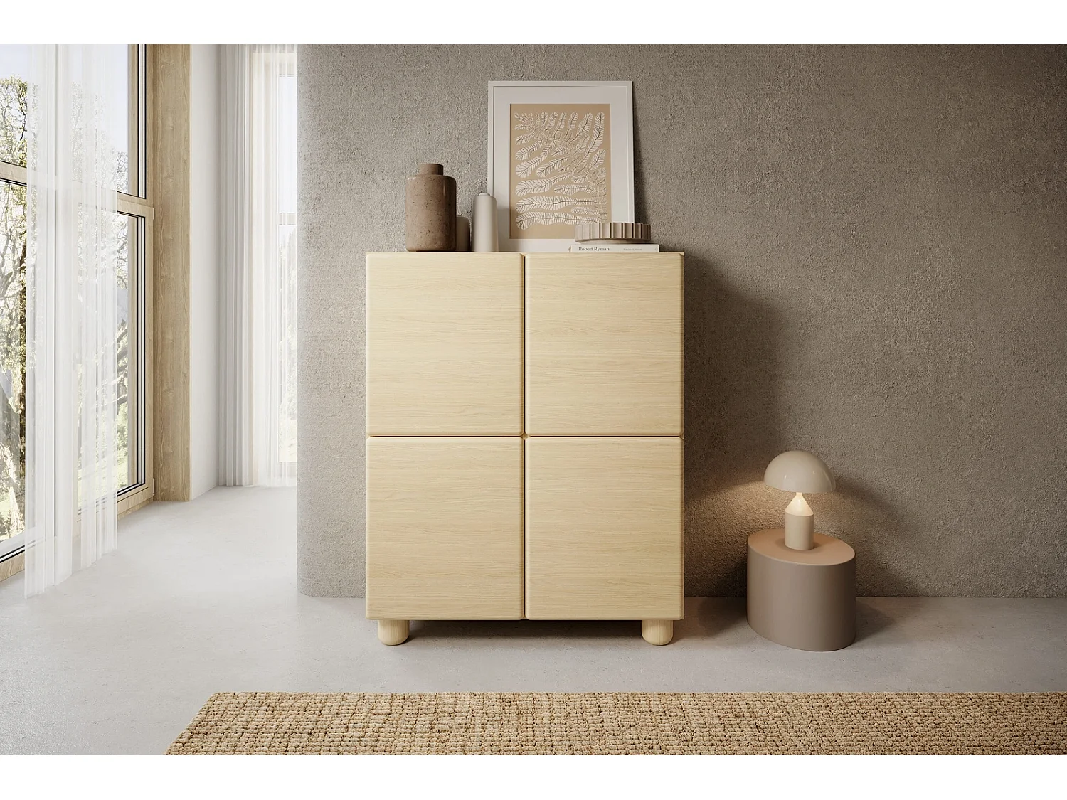 Highboard Kommode CERVI 100 cm mit 4 Türen und abgerundeten Fronten - Eiche Vicenza