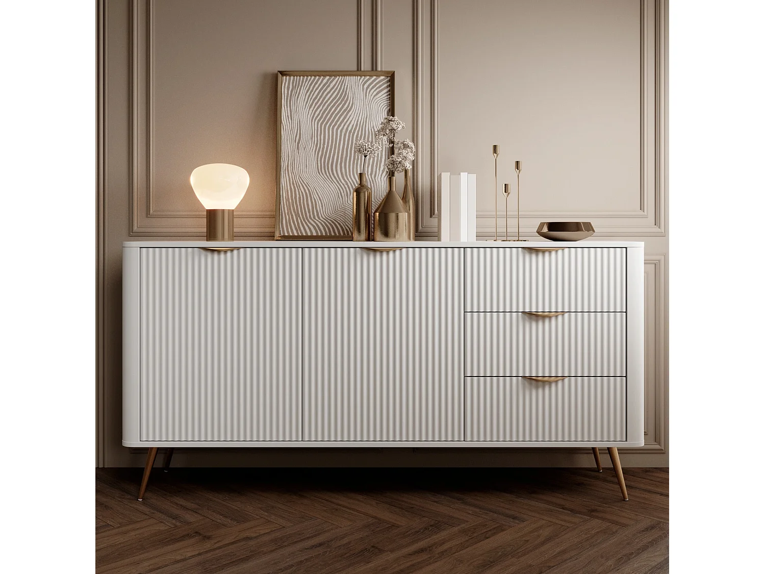 Dressoir Commode Flore 2D 3S met Geroffelde Fronten en Gouden Poten - Wit en Goud - 163 cm