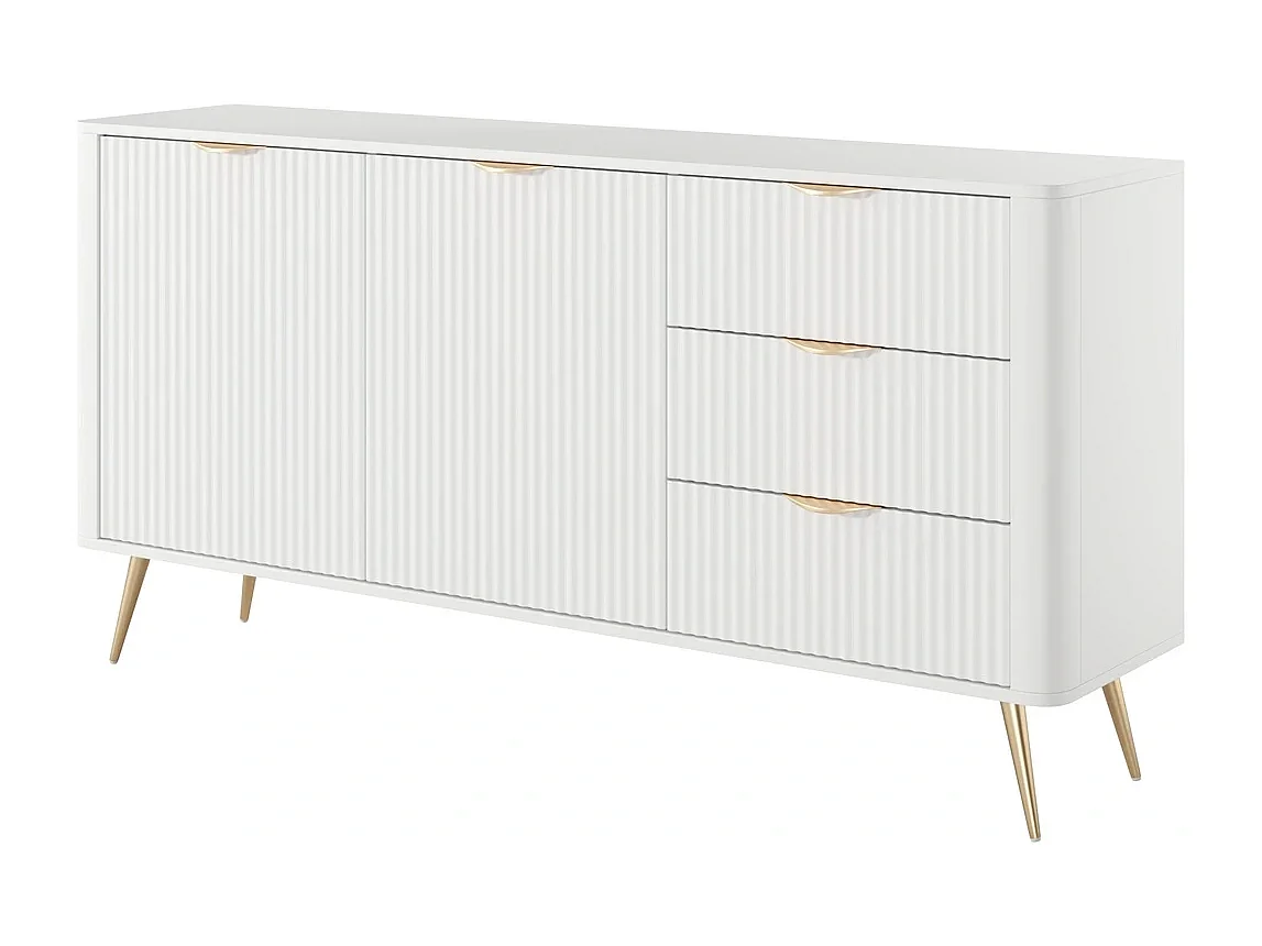 Dressoir Commode Flore 2D 3S met Geroffelde Fronten en Gouden Poten - Wit en Goud - 163 cm