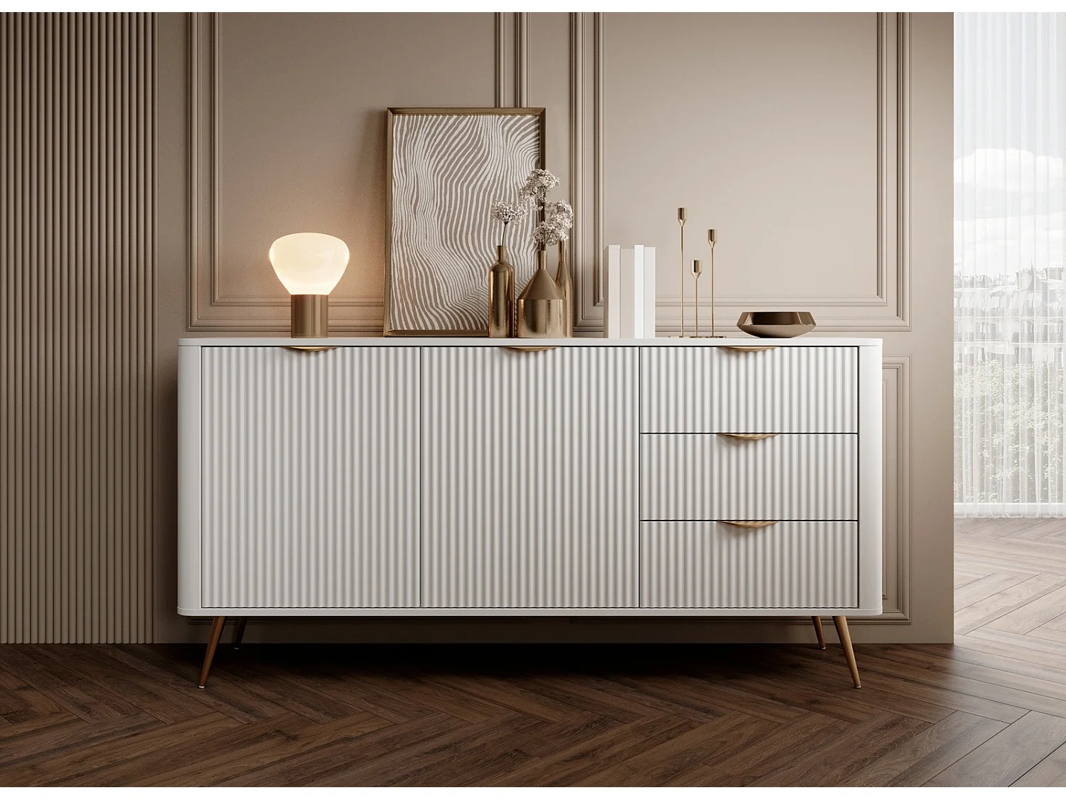 Dressoir Commode Flore 2D 3S met Geroffelde Fronten en Gouden Poten - Wit en Goud - 163 cm