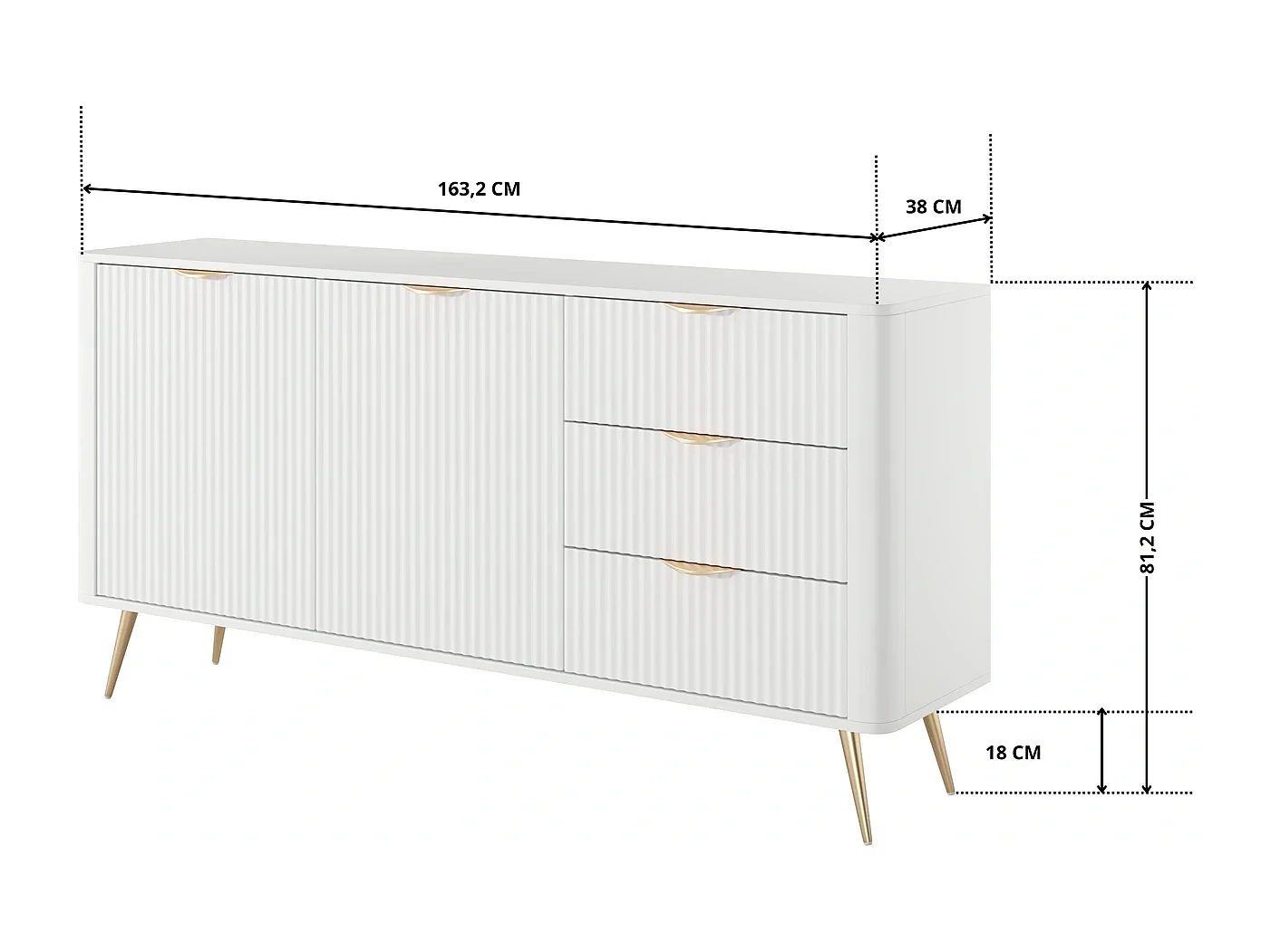 Dressoir Commode Flore 2D 3S met Geroffelde Fronten en Gouden Poten - Wit en Goud - 163 cm