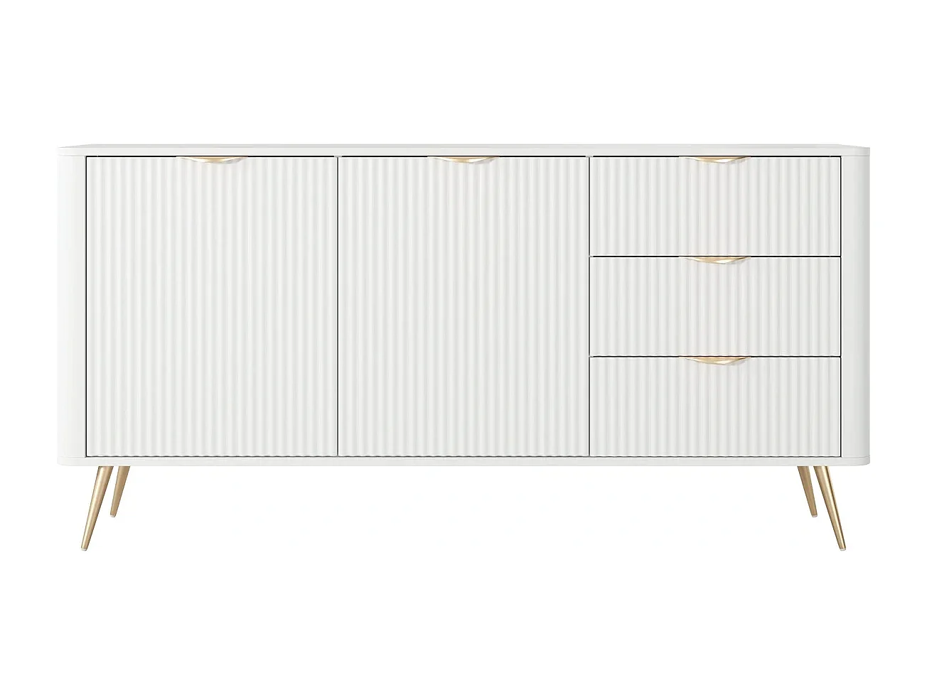 Dressoir Commode Flore 2D 3S met Geroffelde Fronten en Gouden Poten - Wit en Goud - 163 cm