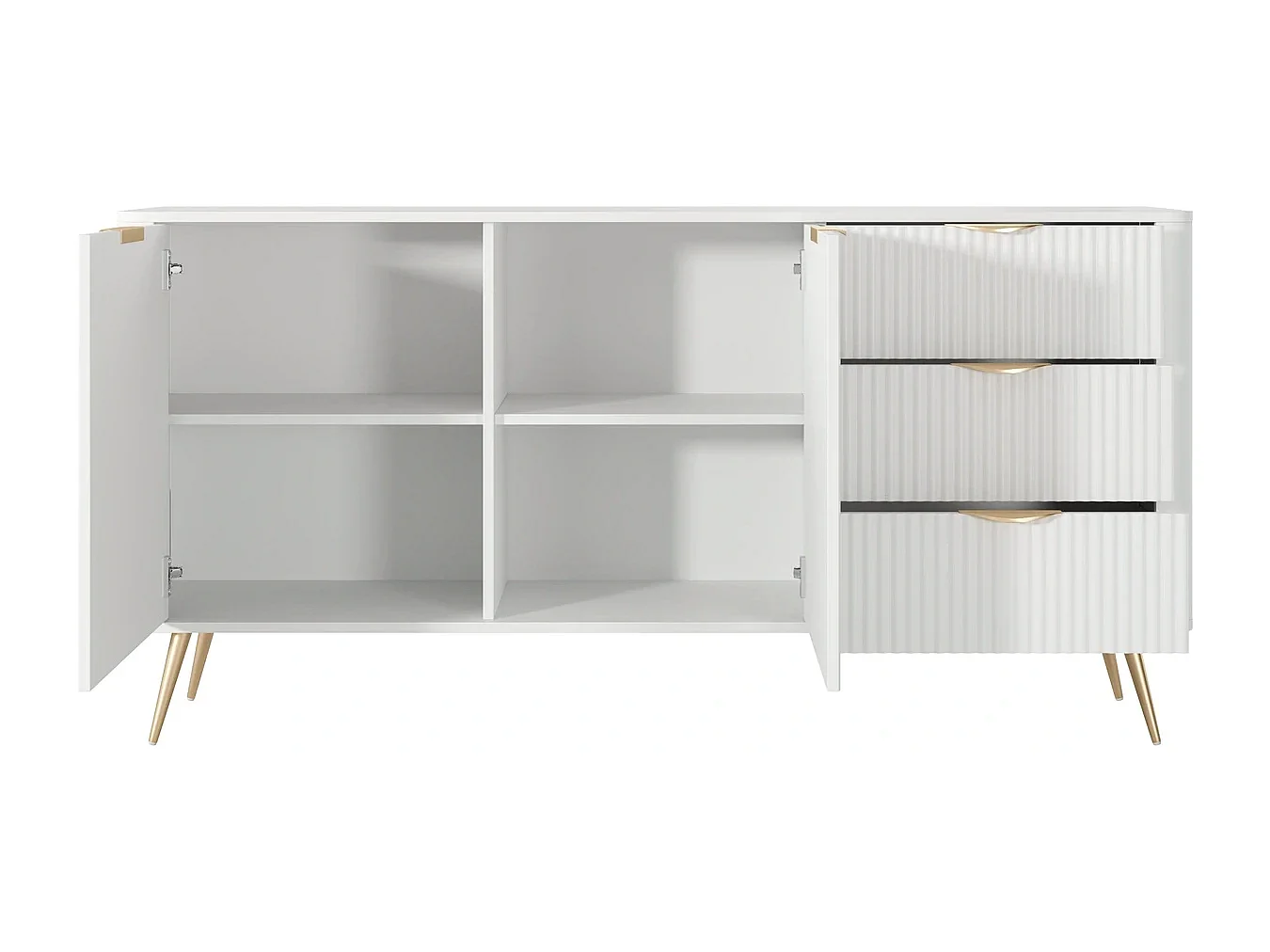 Dressoir Commode Flore 2D 3S met Geroffelde Fronten en Gouden Poten - Wit en Goud - 163 cm
