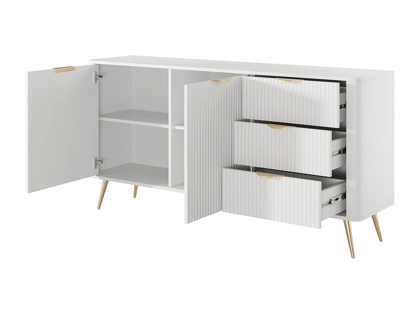 Dressoir Commode Flore 2D 3S met Geroffelde Fronten en Gouden Poten - Wit en Goud - 163 cm