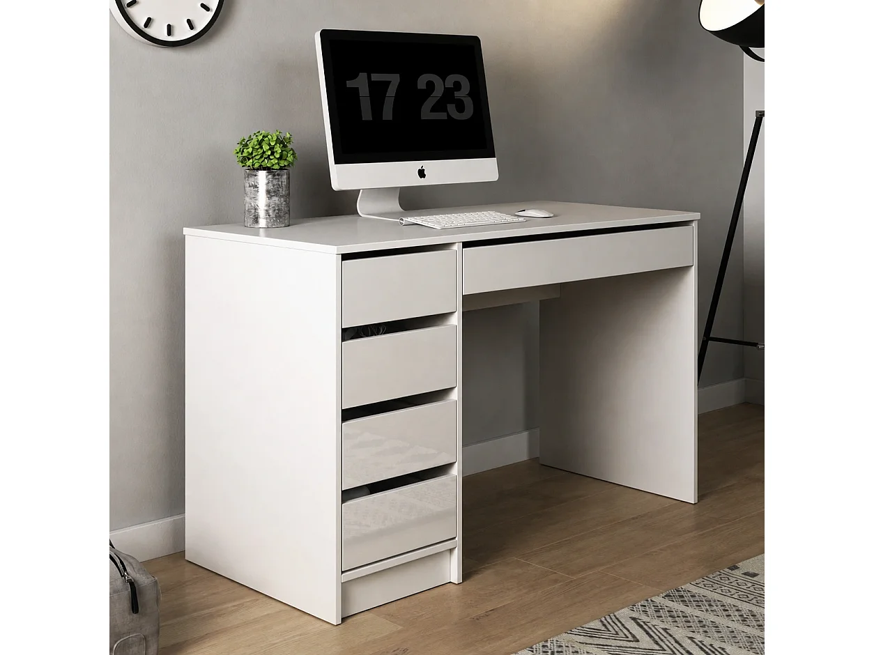 Bureau MIA 120 cm met 5 Laden, Universeel te Monteren - Wit Hoogglans
